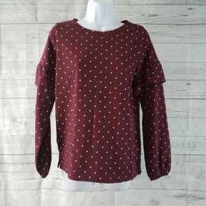 Old Navy Womens Top Sz Small Maroon White Polka Dot Long Sleeve Ruffle‎